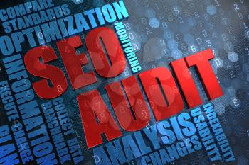 SEO Audit - Red Main Word with Blue Wordcloud on Digital Background.