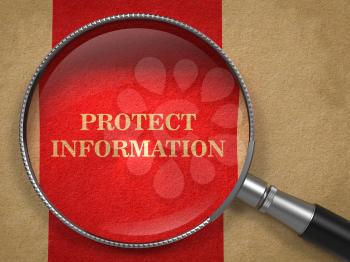 Protect Information concept. Magnifying Glass on Old Paper with Red Vertical Line Background.