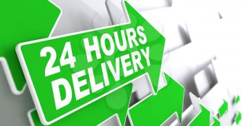 24 hours Delivery. Green Arrows on a Grey Background Indicate the Direction.