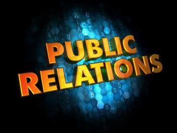 Public Relations Concept - Golden Color Text on Dark Blue Digital Background.