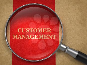 Customer Management Concept. Magnifying Glass on Old Paper with Red Vertical Line Background.