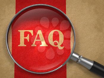 FAQ Concept. Magnifying Glass on Old Paper with Red Vertical Line Background.