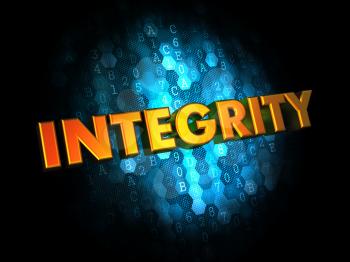 Integrity - Golden Color Text on Dark Blue Digital Background.