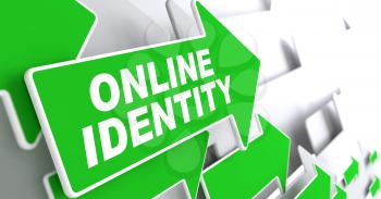 Online Identity on Direction Sign - Green Arrow on a Grey Background.