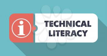 Technical Literacy Button in Flat Design with Long Shadows on Scarlet Background.