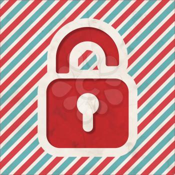 Security Concept with Icon of Opened Padlock on Red and Blue Striped Background. Vintage Concept in Flat Design.
