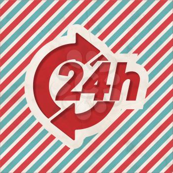 Service 24h Concept on Red and Blue Striped Background. Vintage Concept in Flat Design.