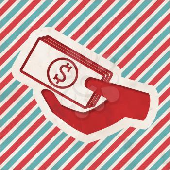 Icon of Money in the Hand on Red and Blue Striped Background. Vintage Concept in Flat Design.