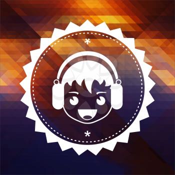 Boy with Headphones Icon. Retro label design. Hipster background made of triangles, color flow effect.