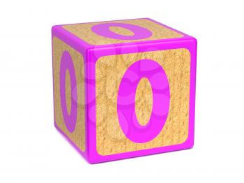Number 0 on Pink Wooden Childrens Alphabet Block Isolated on White. Educational Concept.