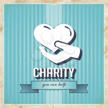 Charity with Icon of Heart in Hand on Blue Striped Background. Vintage Concept in Flat Design.