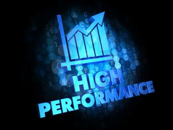 High Performance Concept - Blue Color Text with Growth Chart Icon on Dark Digital Background.