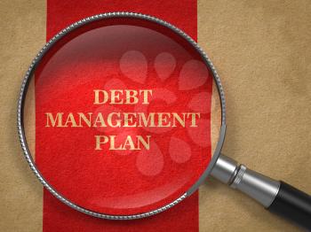 Debt Management Plan. Magnifying Glass on Old Paper with Red Vertical Line.