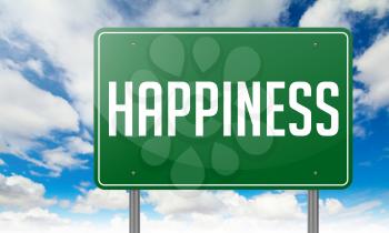 Highway Signpost with Happiness wording on Sky Background.