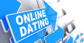 Online Dating on Direction Sign - Blue Arrow on a Grey Background.
