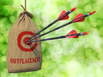 Outplacement - Three Arrows Hit in Red Target on a Hanging Sack on Natural Bokeh Background.