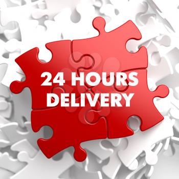24 hours Delivery on Red Puzzle on White Background.