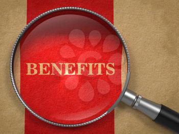 Benefits through Magnifying Glass on Old Paper with Red Vertical Line.