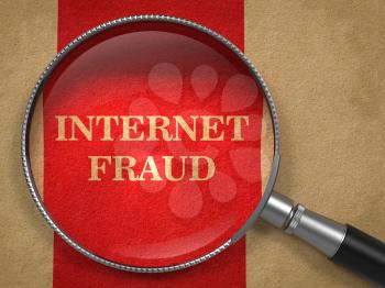 Internet Fraud. Magnifying Glass on Old Paper with Red Vertical Line.