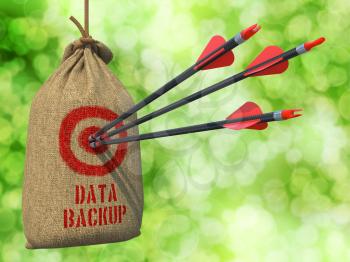 Data Backup - Three Arrows Hit in Red Target on a Hanging Sack on Green Bokeh Background.
