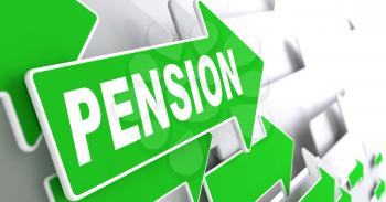 Pension on Direction Sign - Green Arrow on a Grey Background.