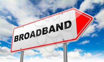 Broadband - Inscription on Red Road Sign on Sky Background.
