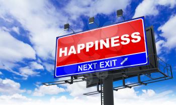 Happiness - Red Billboard on Sky Background. Business Concept.