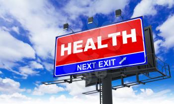 Health - Red Billboard on Sky Background. Business Concept.