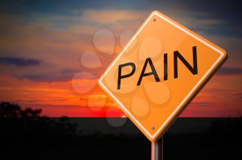 Pain on Warning Road Sign on Sunset Sky Background.
