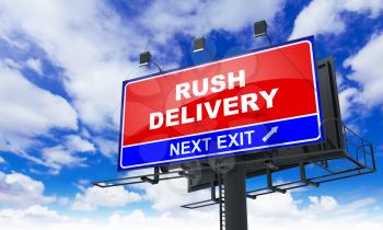 Rush Delivery - Red Billboard on Sky Background. Business Concept.