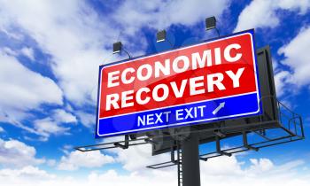 Economic Recovery - Red Billboard on Sky Background. Business Concept.