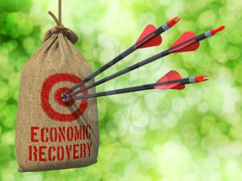 Economic Recovery - Three Arrows Hit in Red Target on a Hanging Sack on Green Bokeh Background.