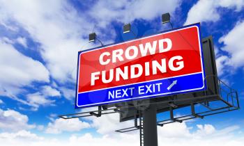 Crowd Funding - Red Billboard on Sky Background. Business Concept.
