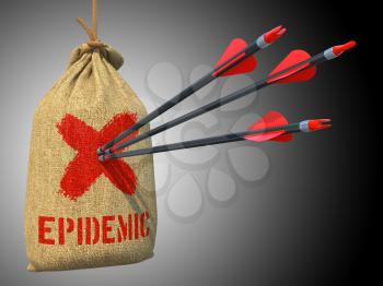 Epidemic - Three Arrows Hit in Red Target on a Hanging Sack on Green Bokeh Background.
