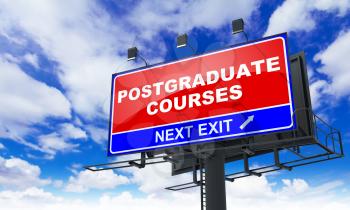 Postgraduate Courses - Red Billboard on Sky Background. Business Concept.