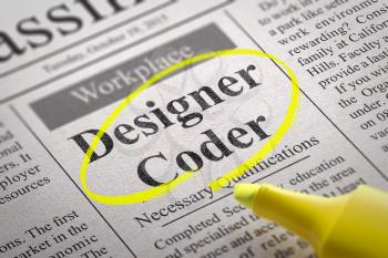 Designer Coder Jobs in Newspaper. Job Search Concept.