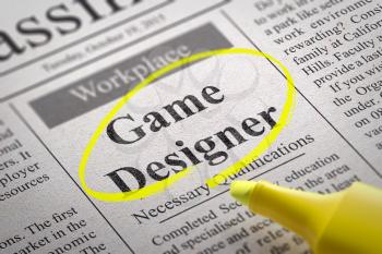 Game Designer Jobs in Newspaper. Job Search Concept.