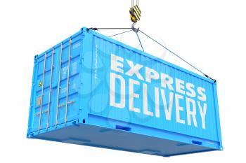 Express Delivery - Red Cargo Container hoisted with hook Isolated on White Background.