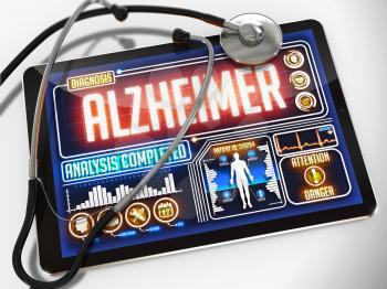 Medical Tablet with the Diagnosis of Alzheimer on the Display and a Black Stethoscope on White Background.