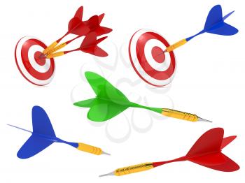 Colorful Darts Hit in Target Isolated on White Background.