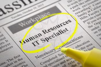 Human Resources IT Specialist Vacancy in Newspaper. Job Seeking Concept.