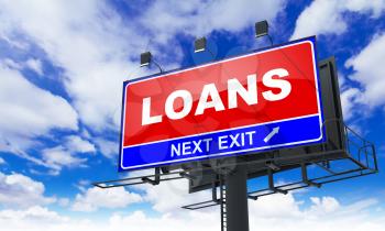 Loans - Red Billboard on Sky Background. Business Concept.