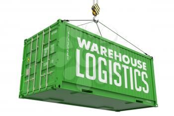 Warehouse Logistics - Green Cargo Container hoisted with hook Isolated on White Background.