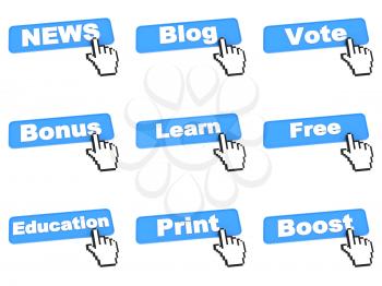 Different Blue Web Buttons with Hand Cursor Isolated on White Background. Internet Concept.