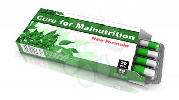 Cure for Malnutrition, Pills Blister getting out from Green Box over White Background.