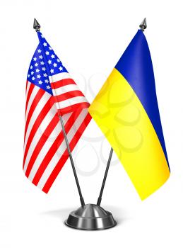 USA and Ukraine - Miniature Flags Isolated on White Background.
