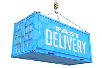 Fast Delivery - Blue Cargo Container hoisted by hook, Isolated on White Background.