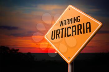 Urticaria on Warning Road Sign on Sunset Sky Background.