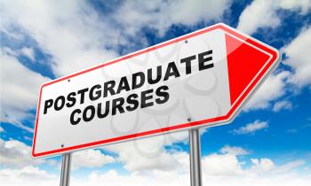 Postgraduate Courses on Red Road Sign on Sky Background.