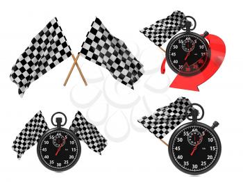 Rice Concept - Checkered Flags with a Stopwatch on White Isolated Background.